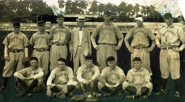 Larry McLean, standing end right, Miller Huggins, standing end left, and Frank Bancroft, standing middle (in suit) on the 1908 Cuban tour.