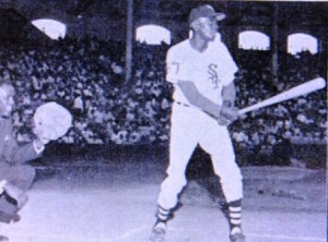 Paige at Comiskey Park in 1965--Chicago Cubs outfielder George Altman is the catcher.
