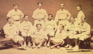 1871 Red Stockings. Spalding, standing second from left, Barnes, standing far right, O'Rourke, seated far left. 