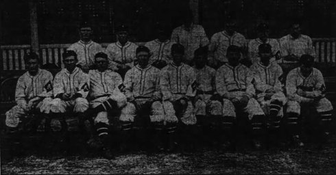 The 1910 Atlanta Crackers: Standing, from Left to right: Arista DeHaven, Charlie Seitz, Paul Sentell, Brown Rogers, Hyder Barr, Roy Moran, and Ed Hohnhorst, Seated from left: Scott Walker, Hank Griffin, Syd Smith, Otto Jordan, Bick Bayless, Erskine Mayer, Harry Matthews, Harold Johns and Tom Fisher.