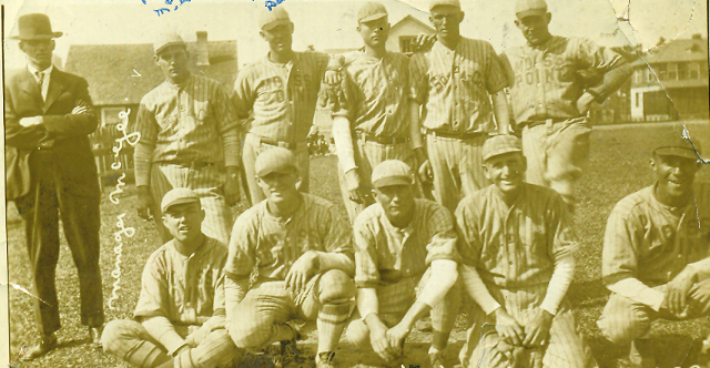 The 1923 Papermakers, Roy Spruell is standing second from right. His brother Harvey is in the middle of the front row. The other players are identified as: Standing at left - Manager McGee 2nd from left - Pat McGee 3rd from left - Matt Delmas 4th from left-unidentified. 6th from left - Sam Leslie Seated at left - Johnnie Cunningham 2nd from left - Brother Nelson 4th from left - John Bell