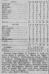 Box score for Borchers' first start for the Sacramento Unions (July 26, 1885) after jumping the Sacramento Altas.  Borchers beat his former team 3 to 0.