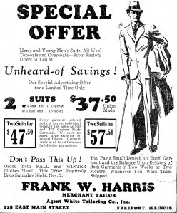A 1929 advertisement for Frank Harris' tailor business