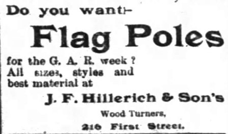 An advertisement for flag poles which appeared in Louisville papers on the eve of the 29th Encampment of the Grand Army of the Republic in September of 1895 shows the company name as J.F. Hillerich & Son's.