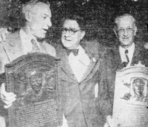 Nichols, right, with Pie Traynor, left, and Branch Rickey at the Hall of Fame in 1949. Traynor was elected in 1948, but his plaque was not presented until 1949