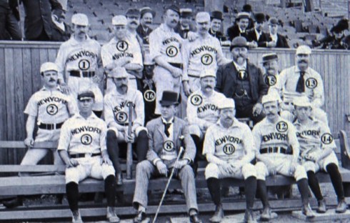 W.I. Harris (#5), as a member of the New York Reporters Baseball Club at the Polo Ground in 1889.