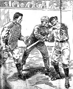 A newspaper rendering of Jennings' beaning by Rusie. The catcher is Jack Warner, Hank O'Day is the umpire.