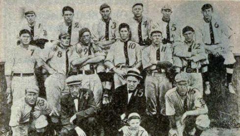 The 1910 Portsmouth Cobblers, Manager Pete Childs 7.  Wesley Hornung 1, Frank Harter 4, William Scudder 5, Frank O'Day 8 and Ed Conwell 16.