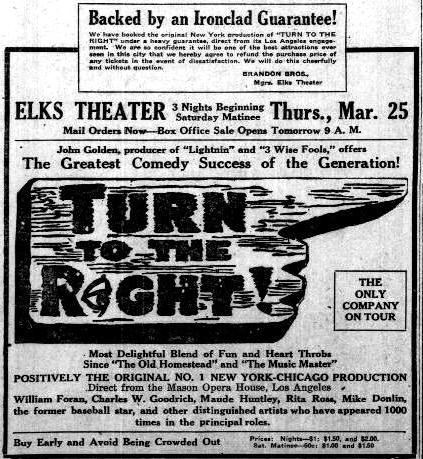 Advertisement for "Turn to the Right" at the Elks Theater in Phoenix