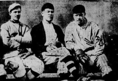 Milt Stock, Jim Thorpe and Moose McCormick at Marlin, 1913