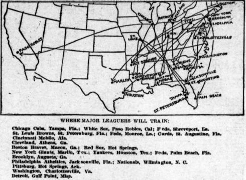 A map showing the 1914 spring training locations of big league teams