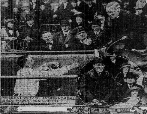 Woodrow Wilson at the 1912 Opener--"Catching new ball in Box from Clark Griffith" and "Wilson the fan."